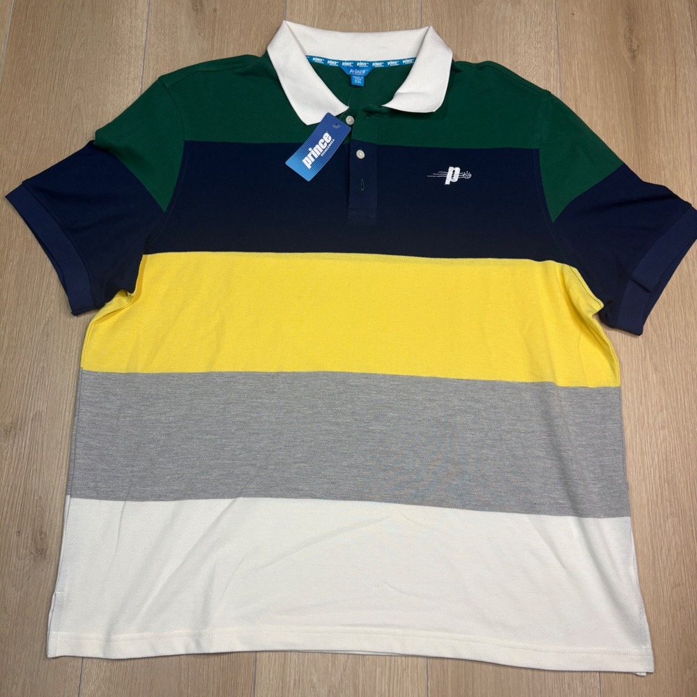 Prince Pickleball Mens XXL Polo Shirt Green Multi Color Stripe Short Sleeve NWT